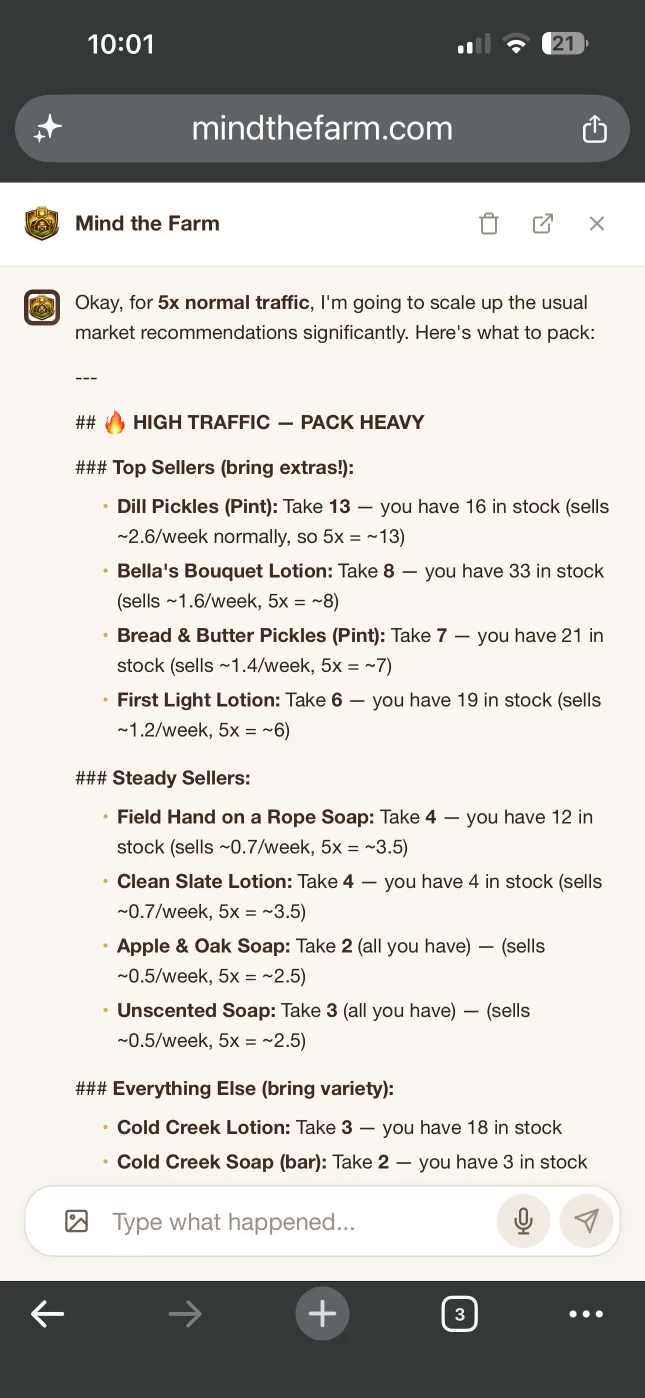 AI chat building a festival packing list scaled to five times normal traffic, with take quantities based on stock and weekly sales pace
