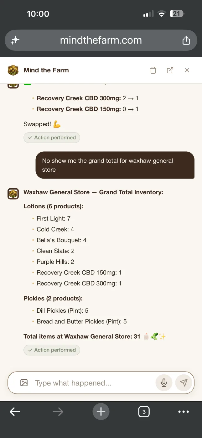 AI chat listing a retail location's complete inventory count by product — lotions and pickles totaled per item