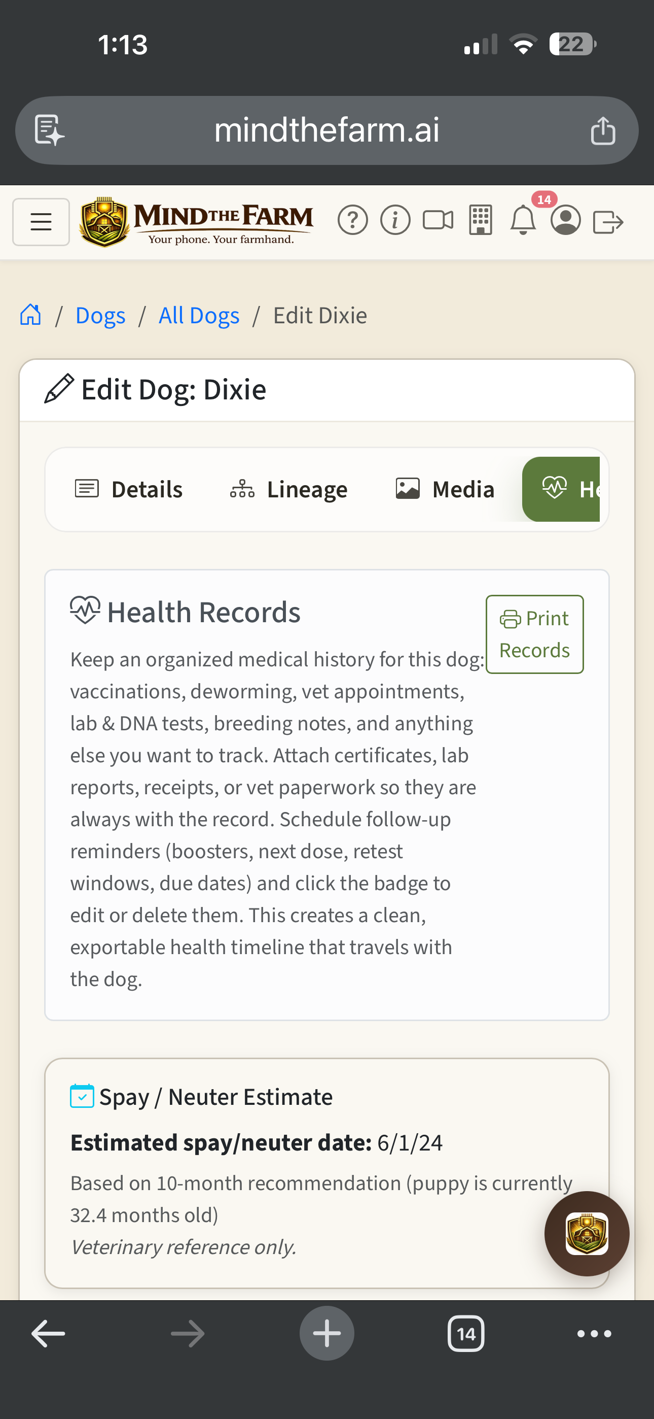Dog health records with vaccinations, deworming, and spay estimate