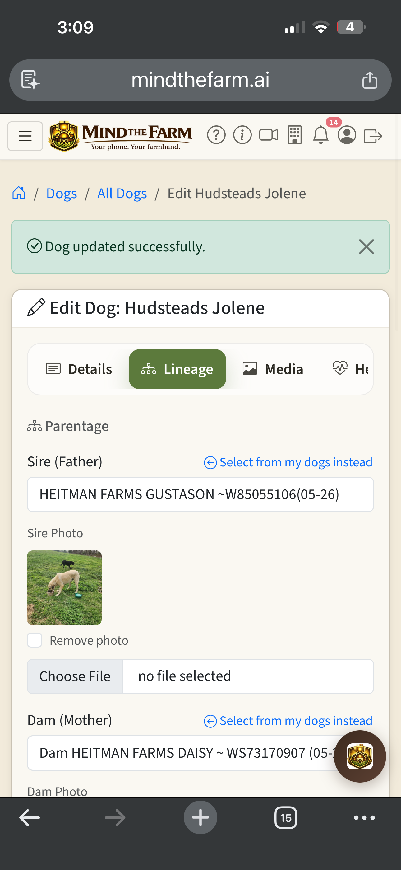 Animal lineage view showing sire, dam, and acquisition details