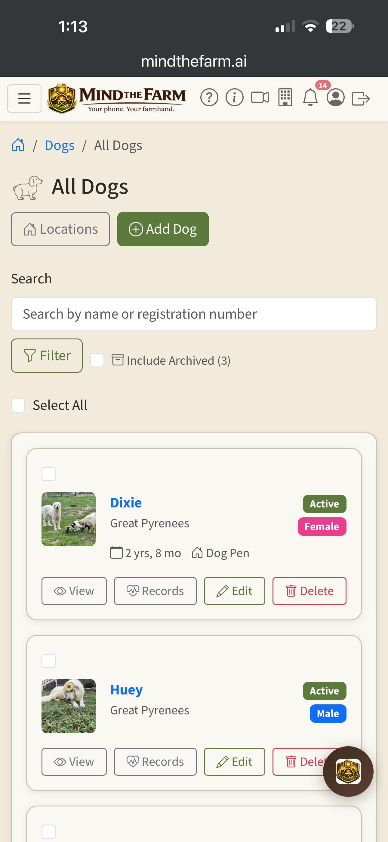 Dog list showing all animals with breed, age, and status