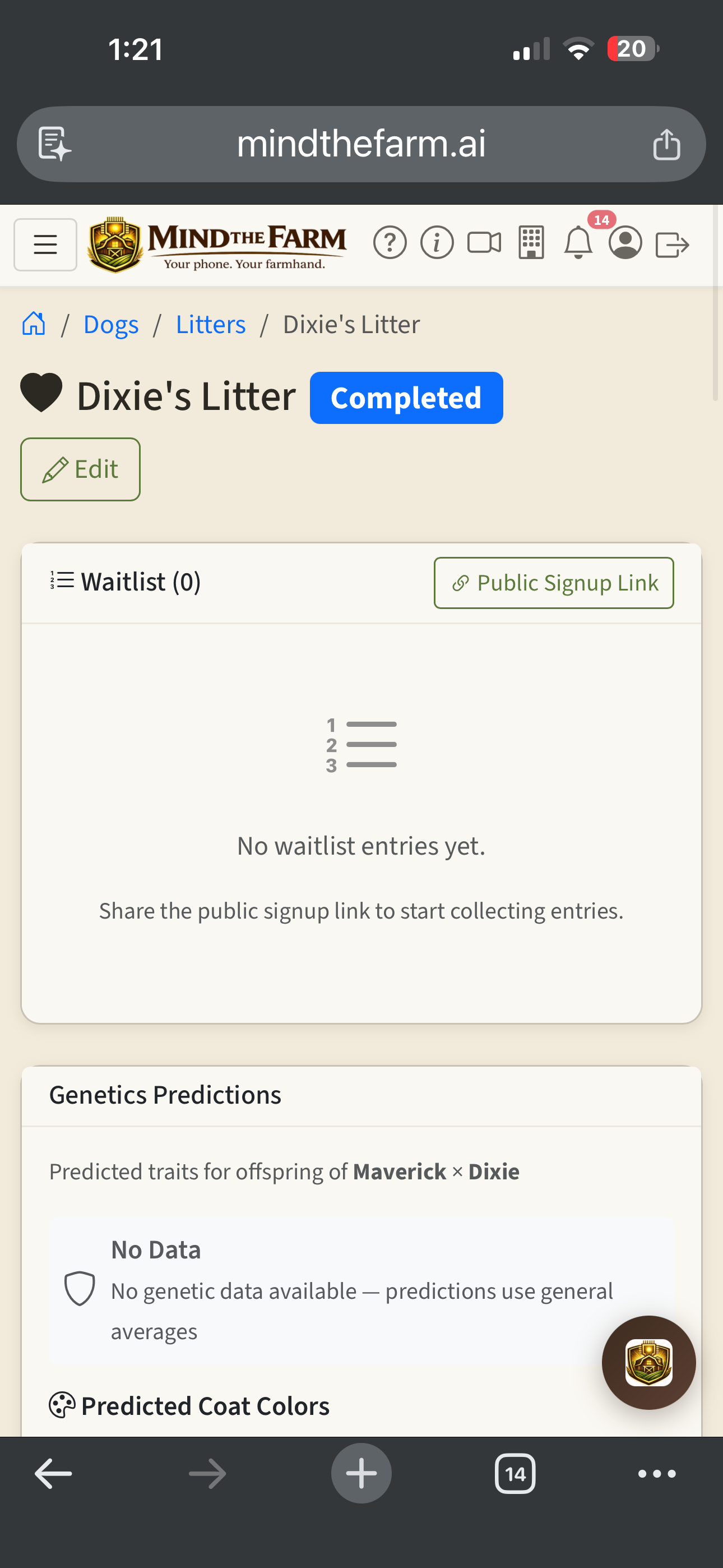 Litter show page with status, waitlist, and genetics predictions