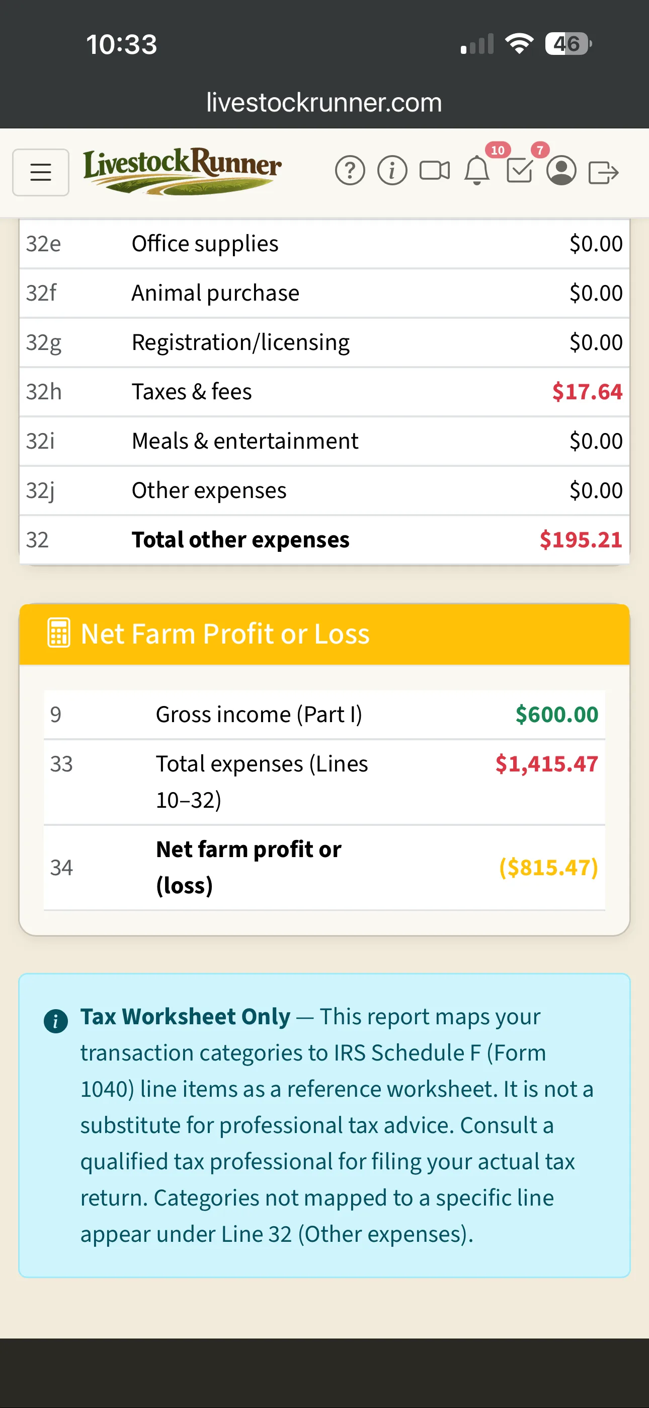 Profit and loss report with farm income and expense totals