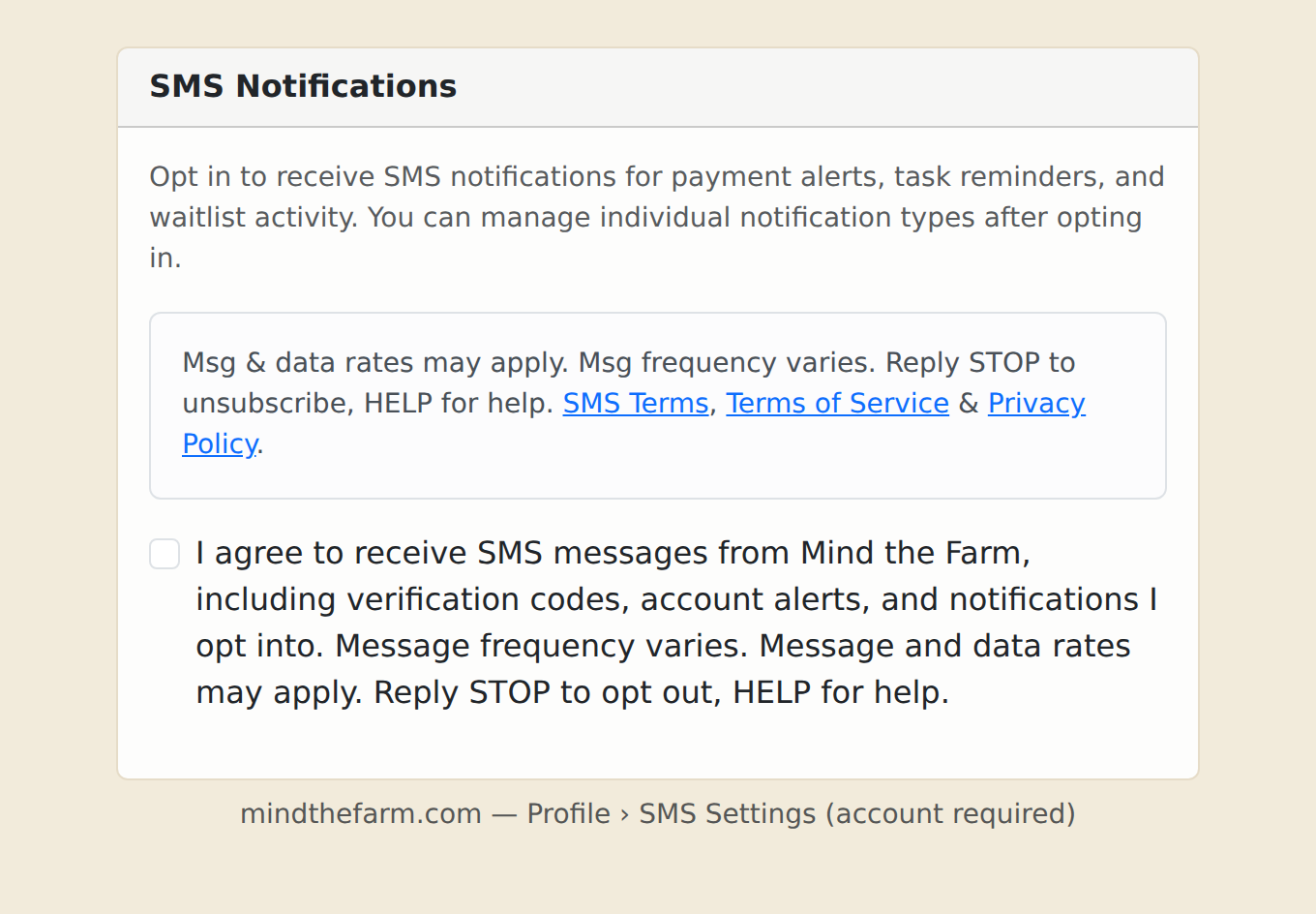 Screenshot of the Mind the Farm SMS Settings opt-in form showing the consent checkbox with full disclosure language